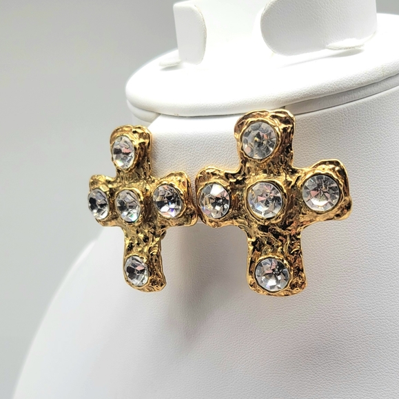 Christian LaCroix Textured Gold Cross Statement Earrings with Swarovski Crystals - Picture 7 of 12